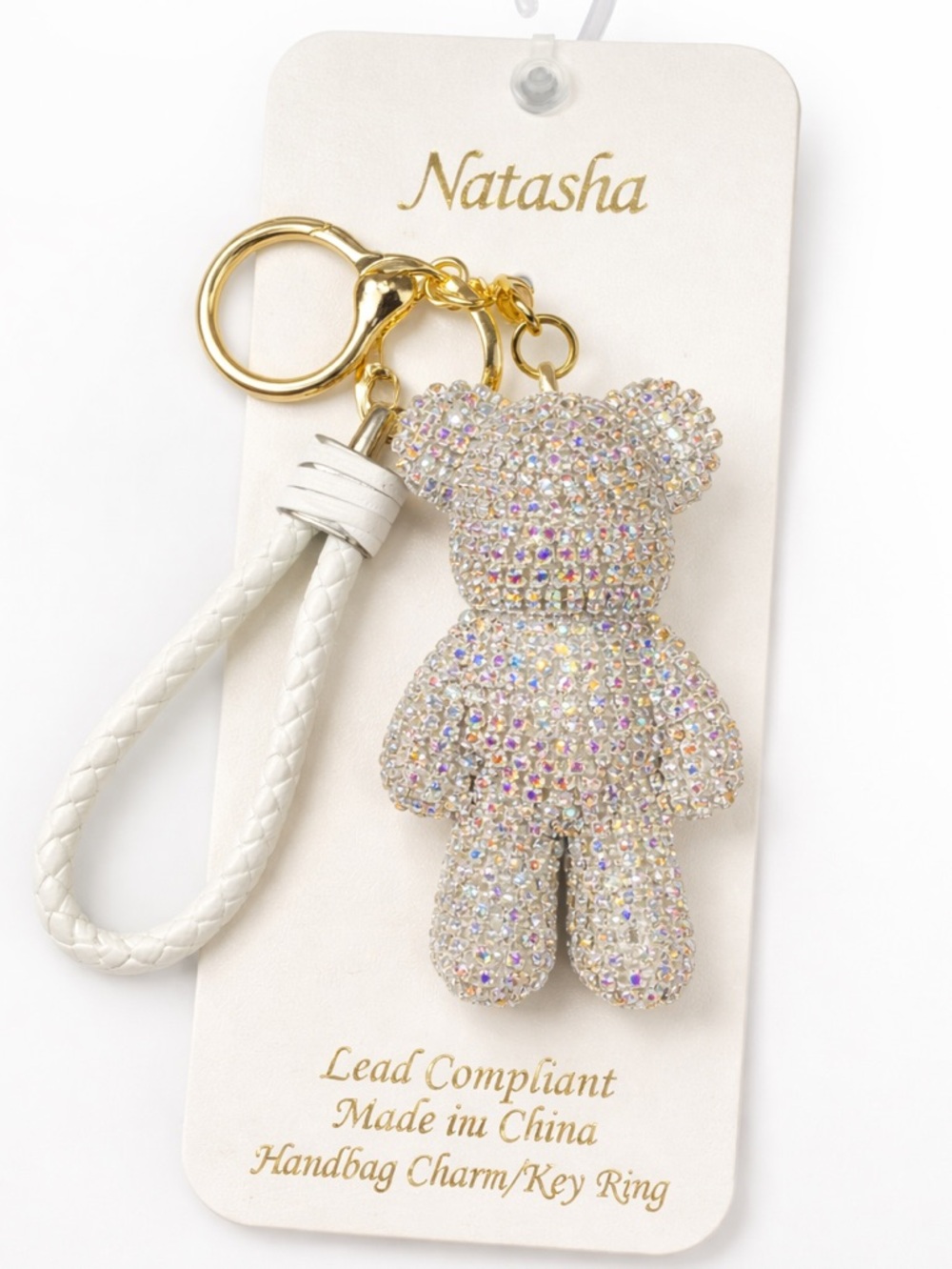 Natasha Rhinestone Teddy Bear Bag Charm Keychain Gold Silver White NWT